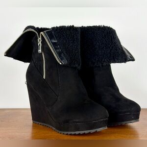 Juicy Couture Kasia Nikita Boots Black Faux Suede Shearling Wedge Heel Fold Over